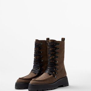 Massimo Dutti BROWN LACE-UP SPLIT SUEDE ANKLE BOOTS WITH HOOKS Massimo Dutti